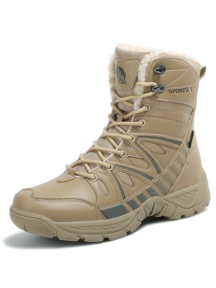 Waterproof leather anti-slip military snow boot with warm plush inside, split leather design, and solid low-heel platform.